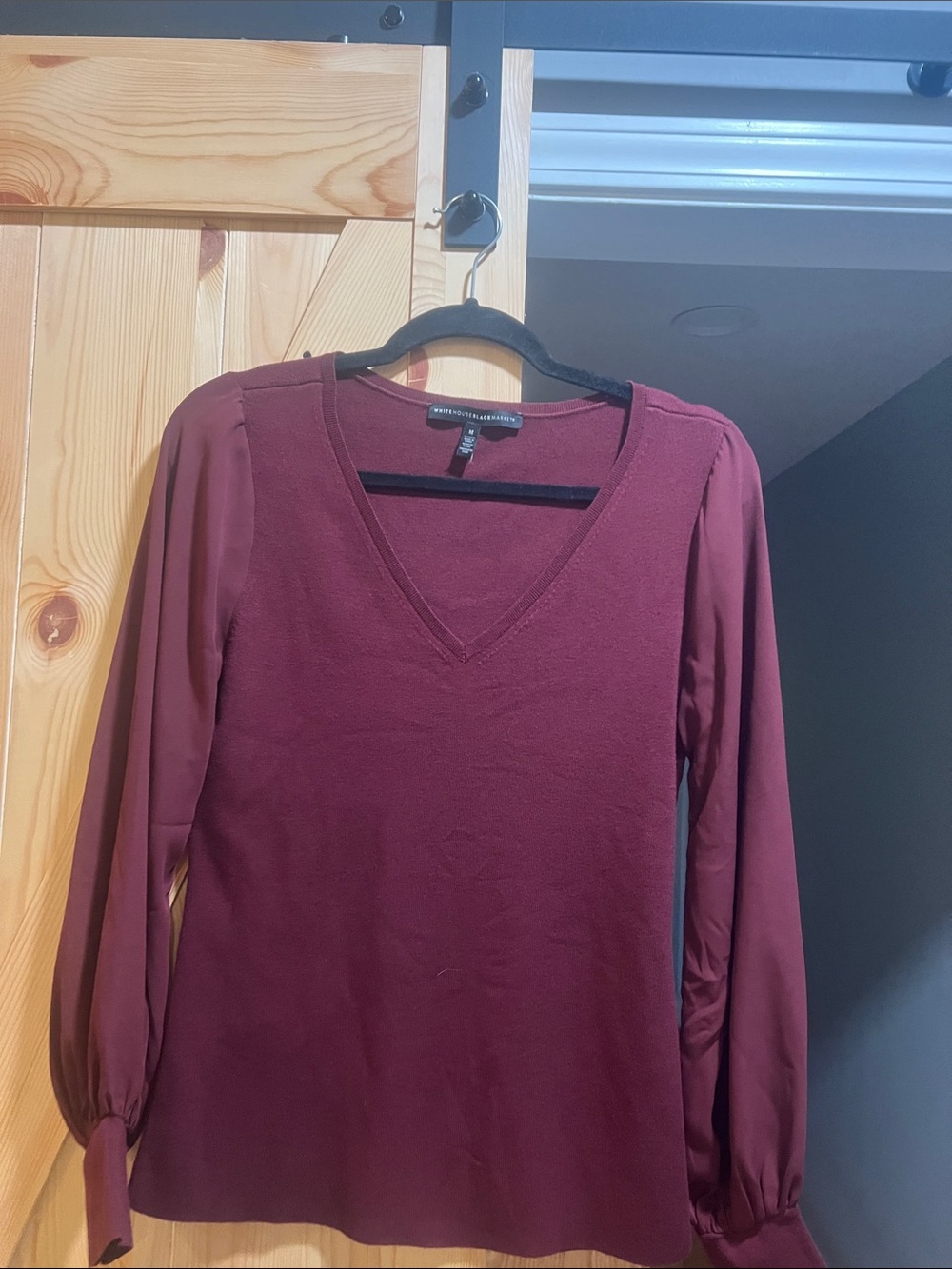 White House Black Market Burgundy V-Neck sheer sleeves size medium